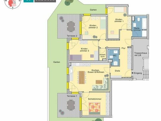 5 Zimmer Erdgeschosswohnung mit 117qm Garten und 2 sonnigen Terrassen in Süd-West Ausrichtung