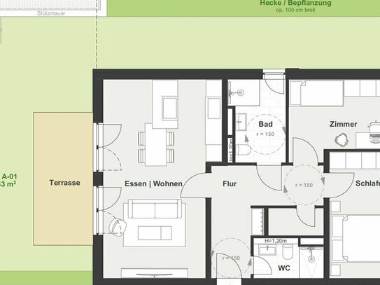 A-01 Erdgeschoss - 3 - Zimmer Garten Wohnung mit Terrasse