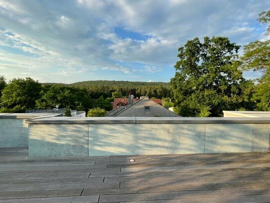 Lichtdurchflutete Penthousewohnung mit großer Dachterrasse und freiem Blick in den Meilwald