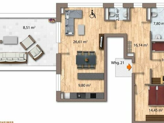 WE 21: Lothar-Späth-Carré - 3 Zimmer-Wohnung mit Einbauküche und Balkon