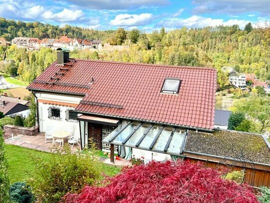 Einfamilienhaus mit großer Einliegerwohnung und Gartenanlage sowie unverbaubarer, naturnaher Randlage und atemberaubend…