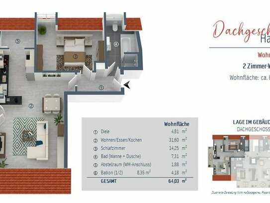 Dachgeschoss-Traumwohnung mit 2 Zimmern und Westbalkon