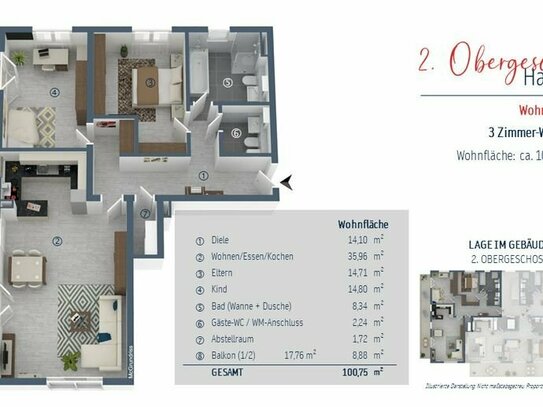 Große 3-Zimmer-Familienwohnung im 2.OG mit Wanne, Dusche und Gäste-WC