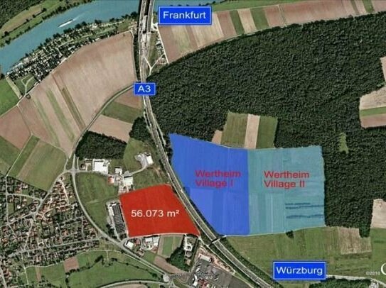 Wertheim Village: Zu erwerbende Gewerbehalle noch nicht vorhanden, mit dem letzten Gewerbegrundstück liegt direkt ne...