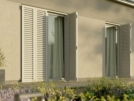 Exklusives Wohnen im Einklang mit der Natur: Unser Bungalow mit überdachter Terrasse und innovativen faltbaren Schiebel…