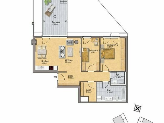 Schöne helle 3ZW - EBK/2 Bäder/Terrasse mit Gartenzugang zzgl. TG-Platz 130 € mtl. (MO181)