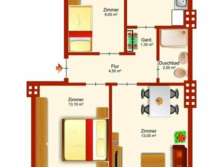 3 Zi. - Wohnung mit Küche, Duschbad und Balkon