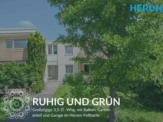 GRÜN UND RUHIG - Großzügige 3,5-Zi.-Whg. mit Balkon, Gartenanteil und Garage im Herzen Fellbachs