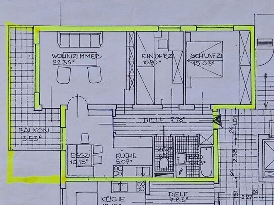 3 Zi WHg mit 79 Qm im EG mit großen Balkon