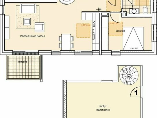 EG-Wohnung mit Terrasse und Garten, 92 m² Raum = 65 m² im EG mit verbundenem Hobbyraum 27 m² im KG