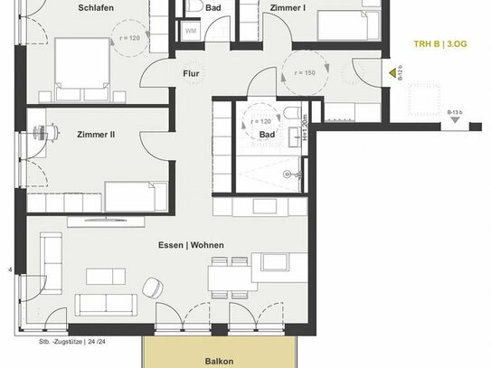 B-12 3.Obergeschoss 4-Zimmer Wohnung mit Dachterrasse/Balkon