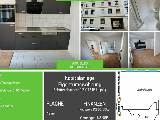 Leipzig - 5,4% Rendite - vermietetes Apartment - ruhiges Hofgebäude, Nähe Torgauer Platz, EBK, Duschbad mit Fenster