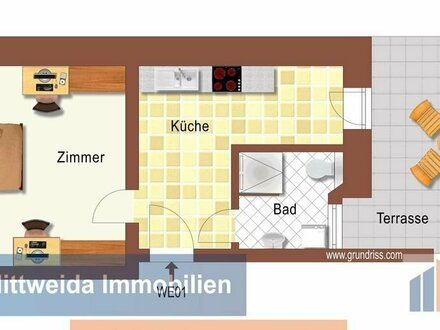 Hochwertig sanierte 1-Raum-Wohnung im Hochparterre mit Terrasse