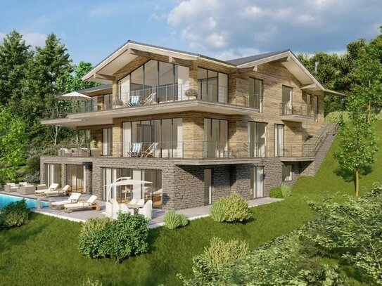 Luxuriöse Neubau-Villa mit Panoramablick auf See und Berge