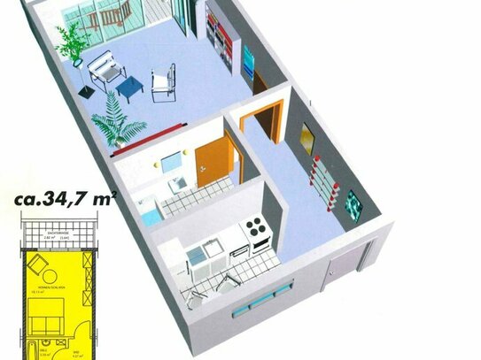 Helle 1-Zimmer-Wohnung mit Dachterrasse und Einbauküche