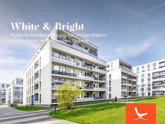 White & Bright - Moderne Familienwohnung mit Sonnen-Balkon und Stellplatz im Schlosspark-Quartier