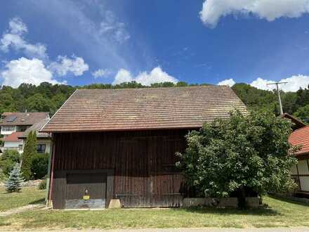 Sonniger Bauplatz mit großem Holz-Schuppen u. Garage (z.B. für Wohnwagen o. ö.)