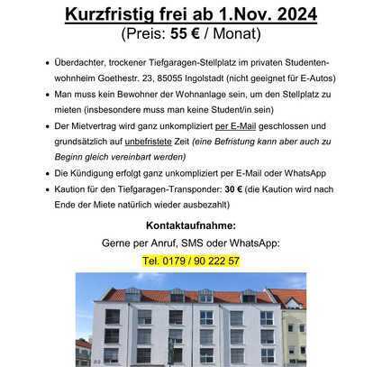 Tiefgaragen-Stellplatz in der Goethestr. 23 zu vermieten - flexibler Mietbeginn (ab Nov/Dez/Jan),