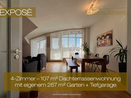 4-Zimmer – 107 m² Dachterrassenwohnung mit eigenem 267 m² Garten und Tiefgaragenstellplatz