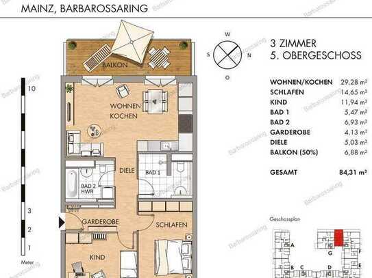 Blick über die Mainzer Neustadt, Barbarossaring, 3-Zimmer, EBK