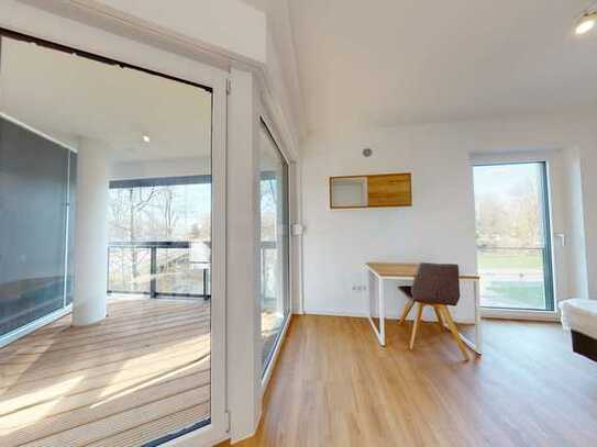 Außergewöhnliche Sicht durch große Glasfront: Möbliertes 1-Zi-Apartment in Dortmund mit Wintergarten