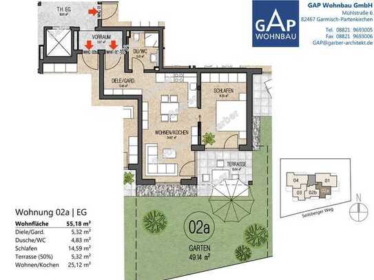 moderne 2-Zi-Wohnung mit Einbauküche und kleinem Garten