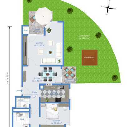 2,5-Zimmer-ETW mit zwei Gartenterrassen, Gartenanteil und einer möglichen Wallbox in der Garage