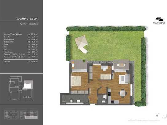 großzügige 3-Zimmer-Wohnung mit zwei Terrassen und Gartenanteil