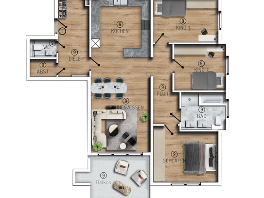 Raum trifft Sonne – moderne Wohnung mit Westbalkon (Wo.9)