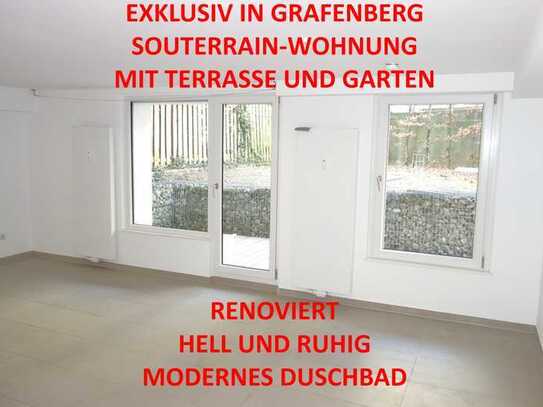 EXKLUSIV IN GRAFENBERG SOUTERRAIN GARTEN-TERRASSENWOHNUNG SEHR RUHIG RENOVIERT MODERNES DUSCHBAD