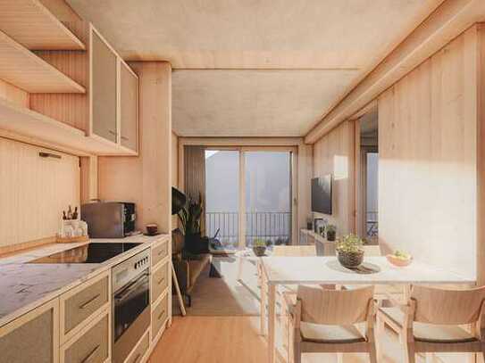 Voll Holz: Moderne Gartenwohnung in einzigartigem Vollholzhaus mit Tageslicht-Badezimmer und offenem