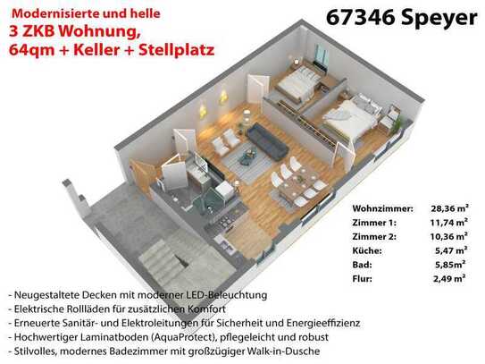 Modernisierte und helle 3 ZKB Wohnung, 64qm + Keller + Stellplatz - Frisch saniert und bezugsfertig