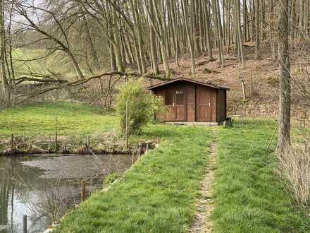 Voll eingezäuntes Grundstück mit Hütte und einem Teich