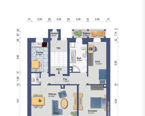 Helle 3 - Raum-Wohnung mit Gäste WC im 1. OG