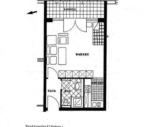 Einzimmer-Apartment mit Bad, Küche und Balkon