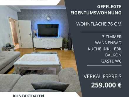 gepflegte Etagenwohnung mit 76 m², 3 Zimmern, Einbauküche, Balkon, Gäste WC und Kellerraum