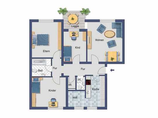 4,5-Zimmer-Wohnung zum Eigennutz - für den Käufer provisionsfrei - Beispielmöblierung