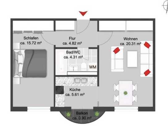 1050 € - 51.6 m² - 2.0 Zi.