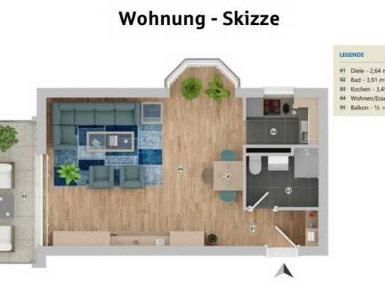 Bad Herrenalb Stadt - Stilvolle, gepflegte 1-Raum-Wohnung mit Balkon und EBK in Bad Herrenalb