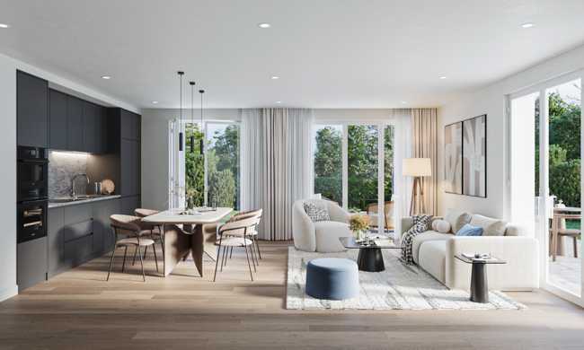 NEUBAU: 4,5-Zimmer-Wohnung mit 2 Balkonen, 3 Schlafzimmern, 2 Bädern
und einem kleinen Büro.