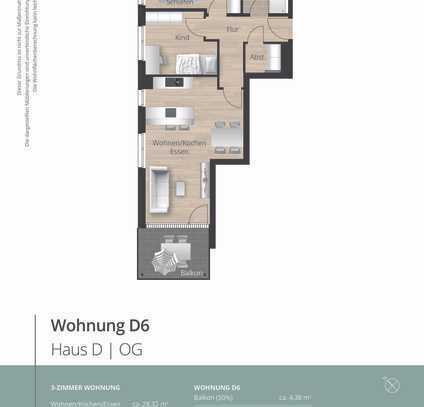 D6 - Lichtdurchflutete, großzügige 3 Zimmer Wohnung mit Süd-West Balkon im Quartier am Schmidbächle