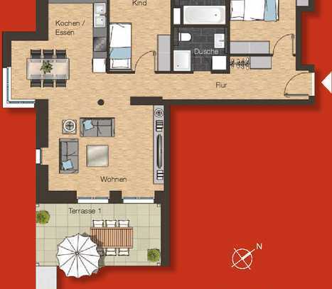 Sparsam+zukunftorientiertes Wohnen 3ZK 2Bäder, Garten, Terrasse, Aufzug, KFW-Effizienshaus 55!