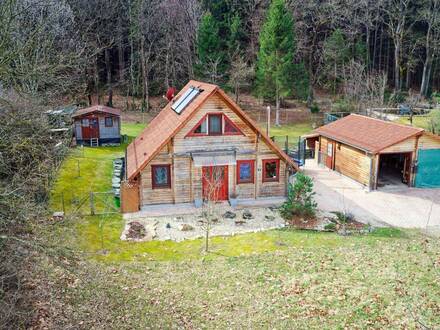 Charmantes Holzblockhaus mit Doppelgarage und Gartenhaus am Ende einer ruhigen Wohnsiedlung - Nähe Fürstenfeld