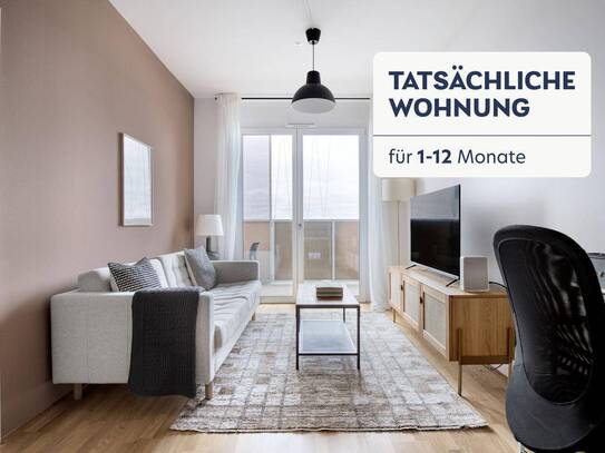 Traumblick über Wien, 22. Stock Q-Tower mit Gym, Interspar & Lounges, 2 Zimmer + Balkon, U-Bahn (VIE279)