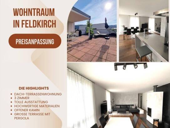 Feldkirch: Tosters: Hochwertige Dach-Terrassen-Wohnung 3 Zimmer mit zusätzlicher Ankleide ca. 86 m2 - Terrasse ca. 53 m2