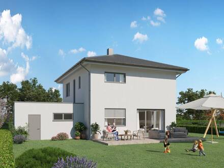 Einfamilienhaus belagsfertig in ökologischer Holzbauweise und 818m² großem Grundstück, mit Doppelcarport und Geräteraum.