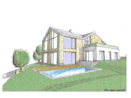 Visualisiertes Wohnhaus mit genehmigten Bauplan