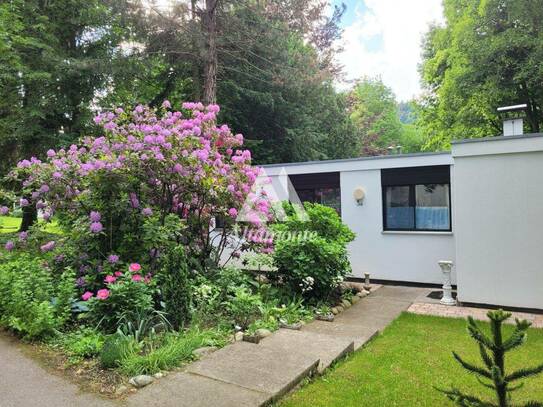 Architektenbungalow in einem Park mit viel Grün und altem Baumbestand