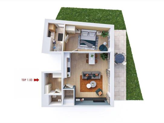 Neubau: 2-Zimmer Gartenwohnung mit Terrasse - Top 1.03