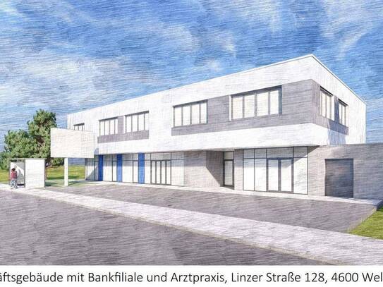 Büroflächen oder Arztpraxen im Neubau Büro- und Geschäftsgebäude mit Bankfiliale - in Wels/Pernau direkt an der B1